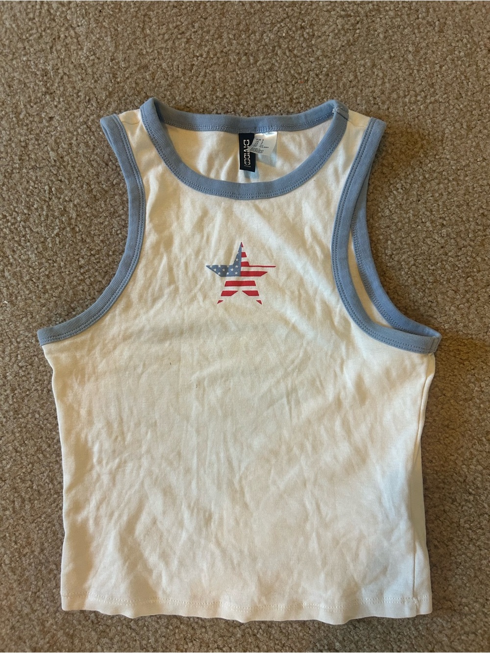 Girls White Tank Top with Blue Trim - Patriotic Star (small stain)